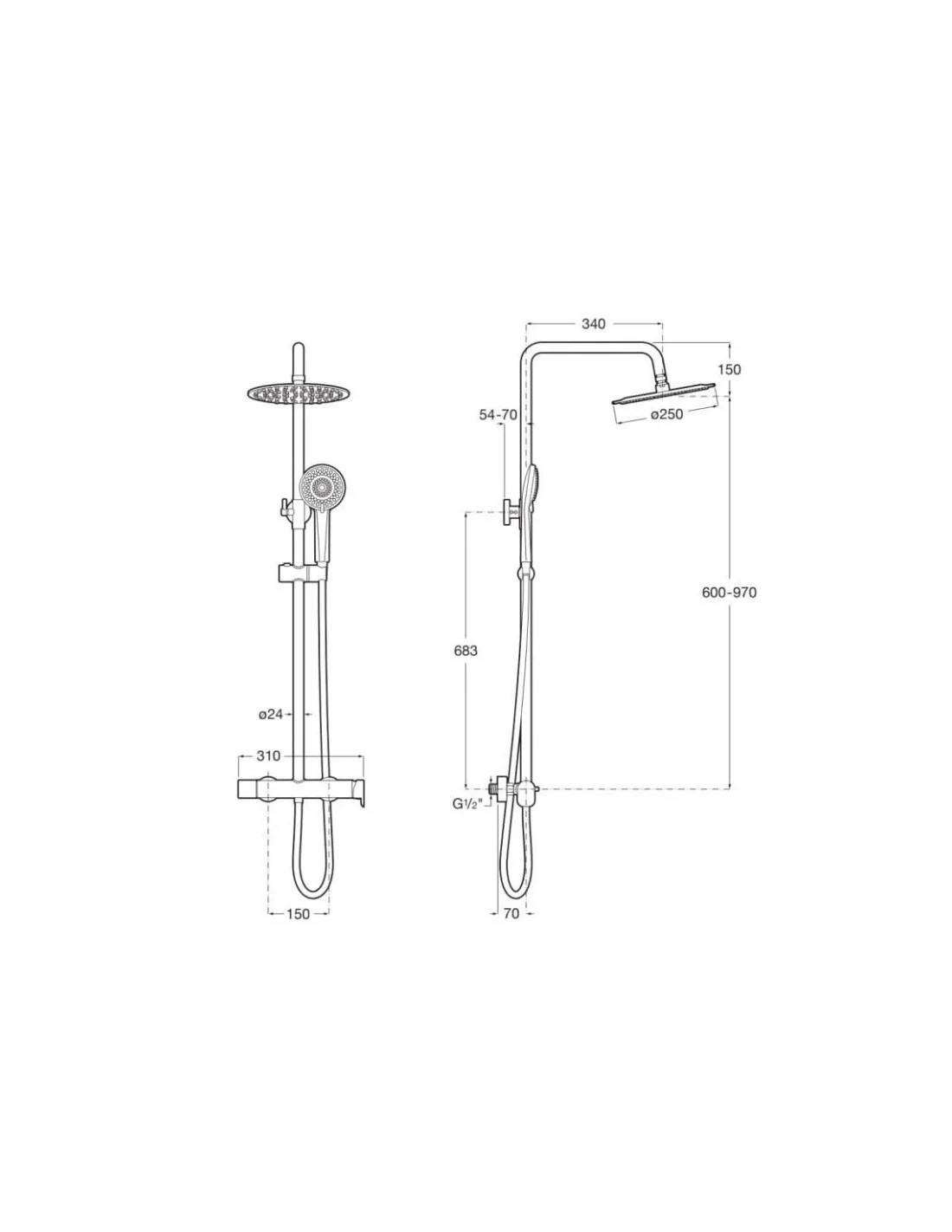 Columna de ducha monomando Roca Vega Plus Round rociador Ø250 mm cromado