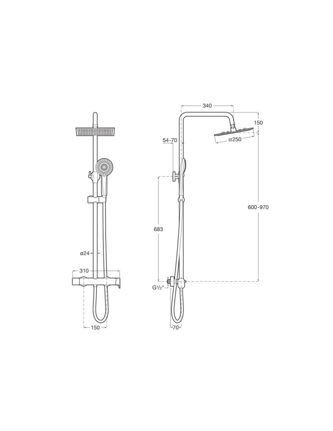 Columna de ducha monomando Roca Vega Plus Square rociador 250 × 250 mm cromado
