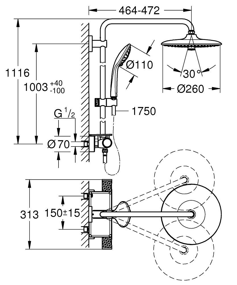 Columna de ducha termostática GROHE Vitalio Joy 260 rociador Ø260 mm cromado 26403002