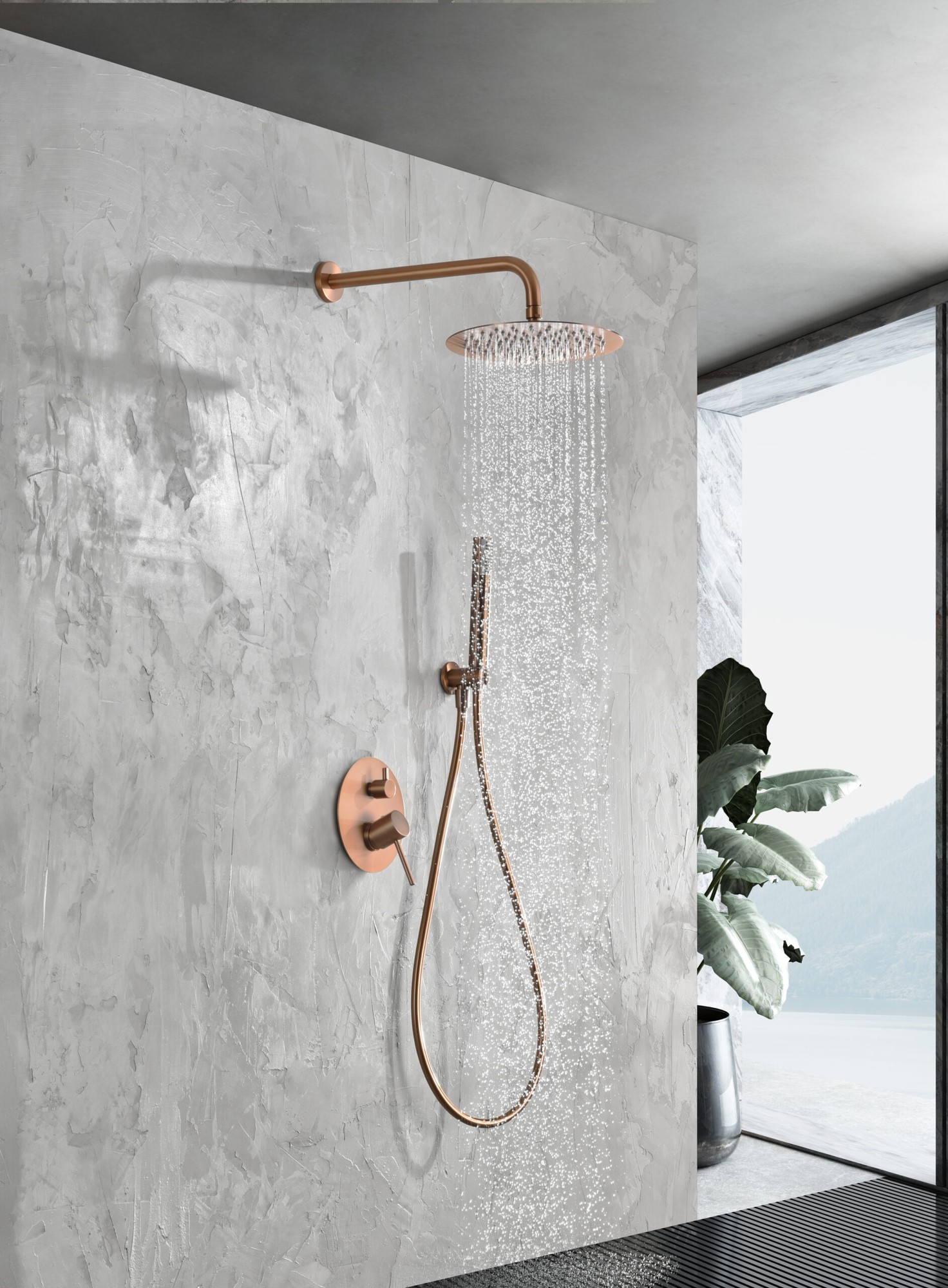 Conjunto de ducha empotrado monomando IMEX Monza rociador Ø250 mm oro rosa cepillado