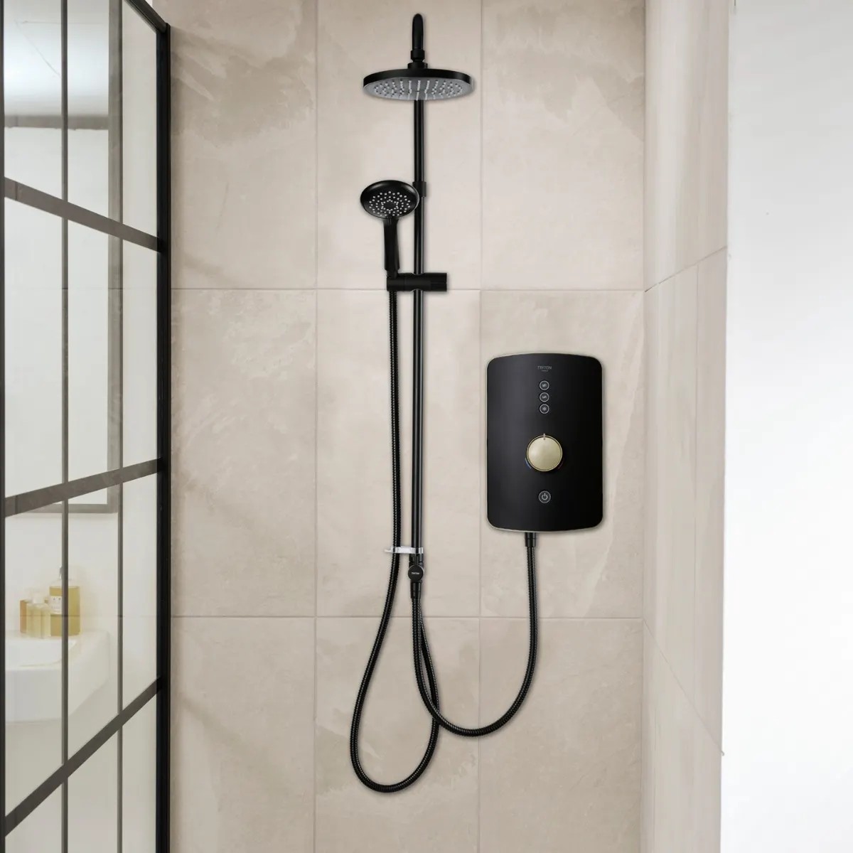 Ducha eléctrica de doble salida Triton Amala DuElec 9,5 kW negro/latón cepillado