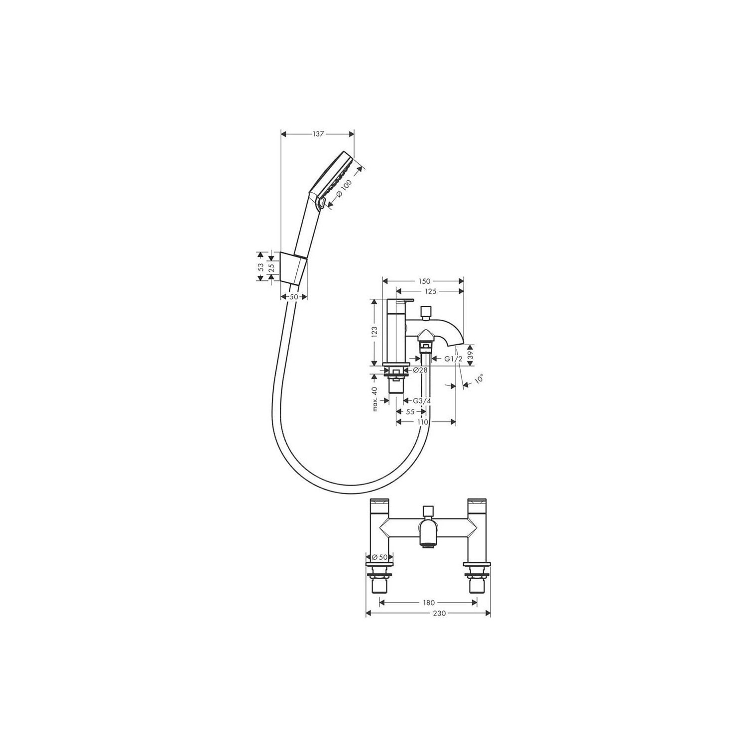Grifo baño-ducha Hansgrohe Vernis Blend 2 orificios con teleducha 100 mm cromado