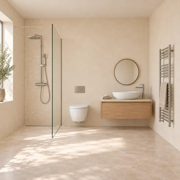 Baño mediterráneo luminoso con columna de ducha, inodoro suspendido, lavabo sobre encimera y radiador toallero