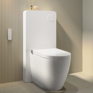Inodoro bidé adosado a pared Purificare Rimless con mueble de vidrio Hako blanco