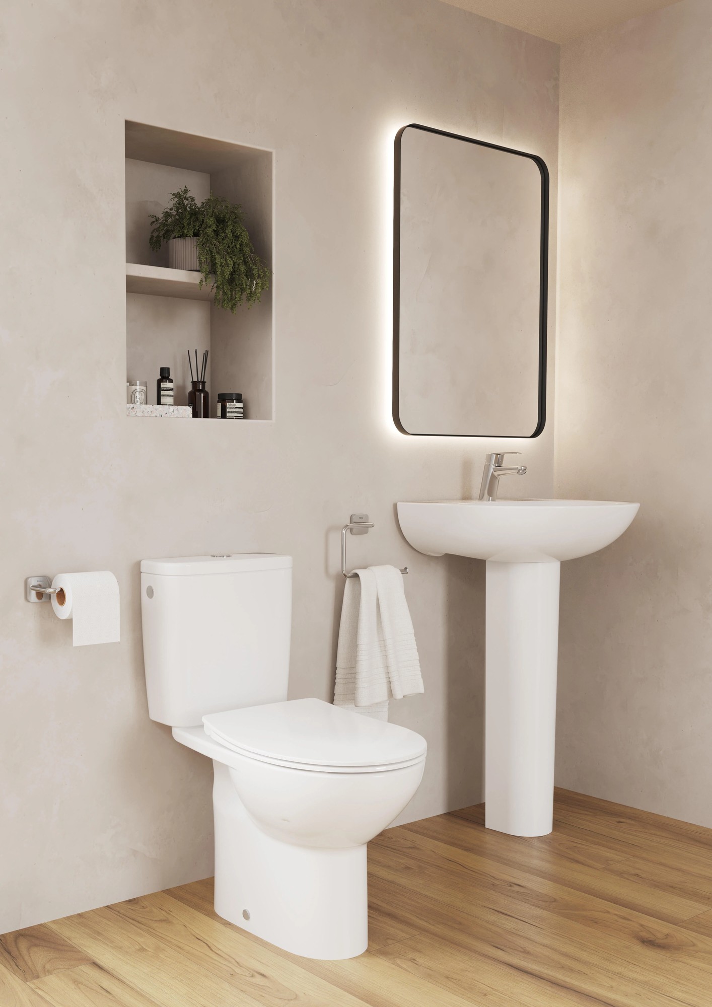 Inodoro de tanque bajo Roca Mitos Rimless salida vertical 4,5/3 l asiento amortiguado