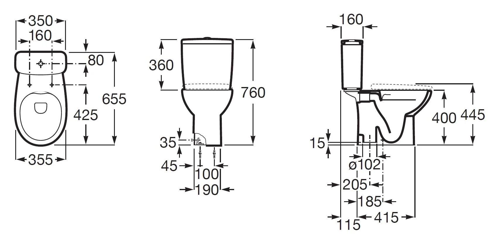 Inodoro de tanque bajo Roca Mitos Rimless salida vertical 4,5/3 l asiento amortiguado