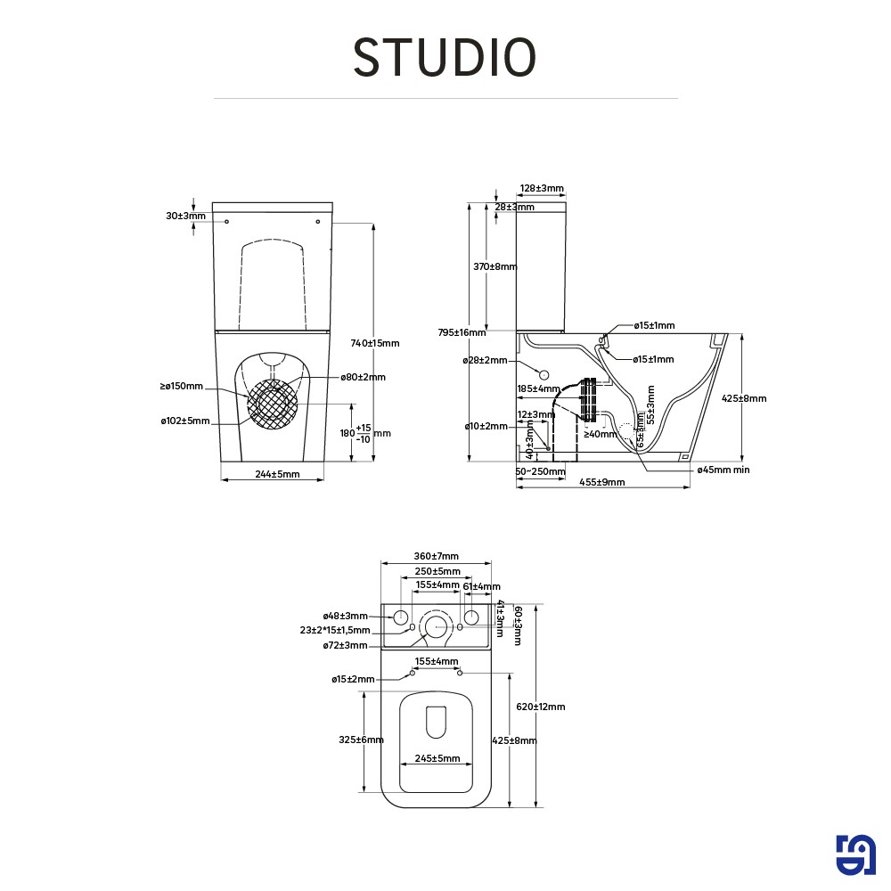 Inodoro de tanque bajo Sensea Studio Rimless cuadrado 4,5/3 l asiento amortiguado