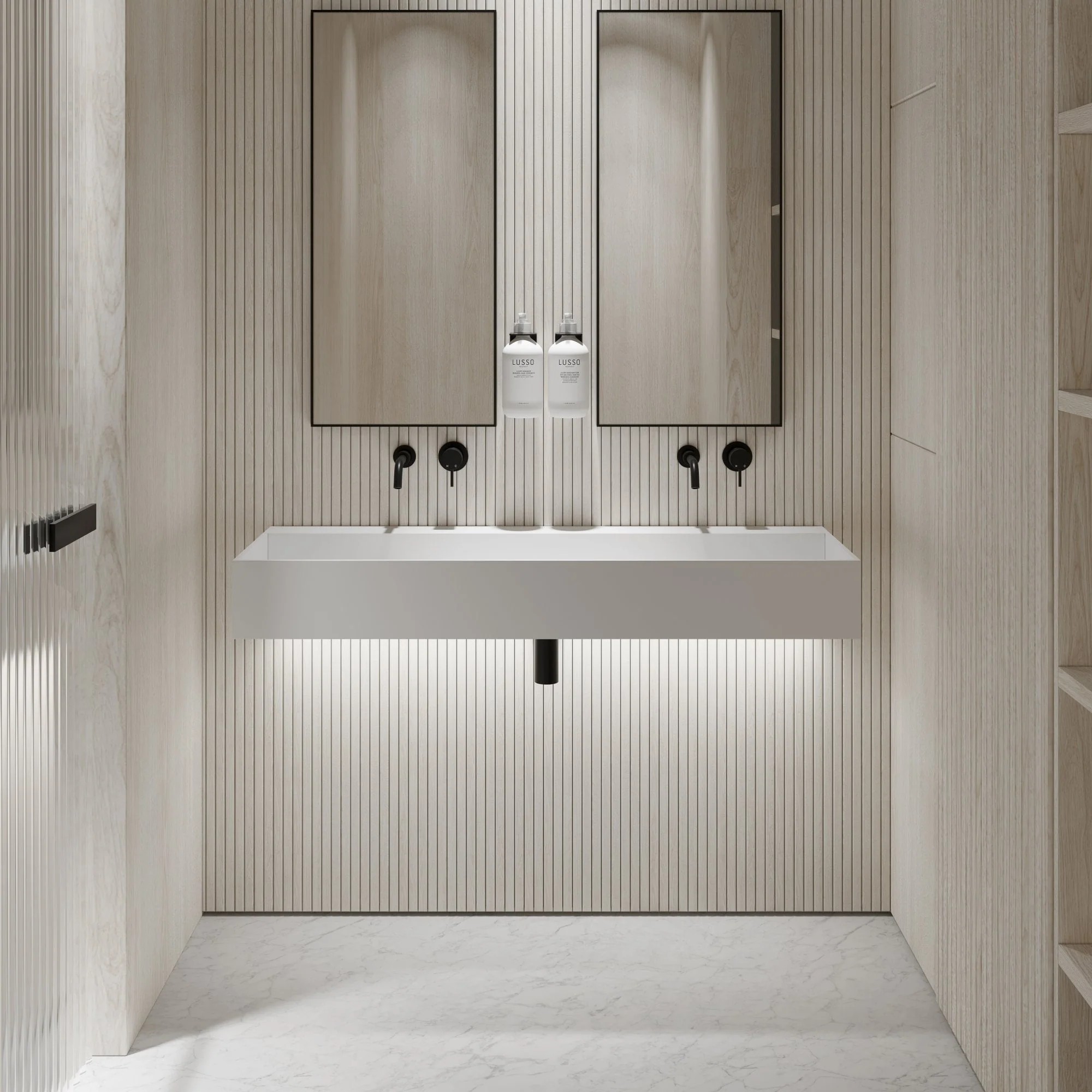 Lavabo doble suspendido Lusso Stone Thinn 1200 mm piedra blanco mate