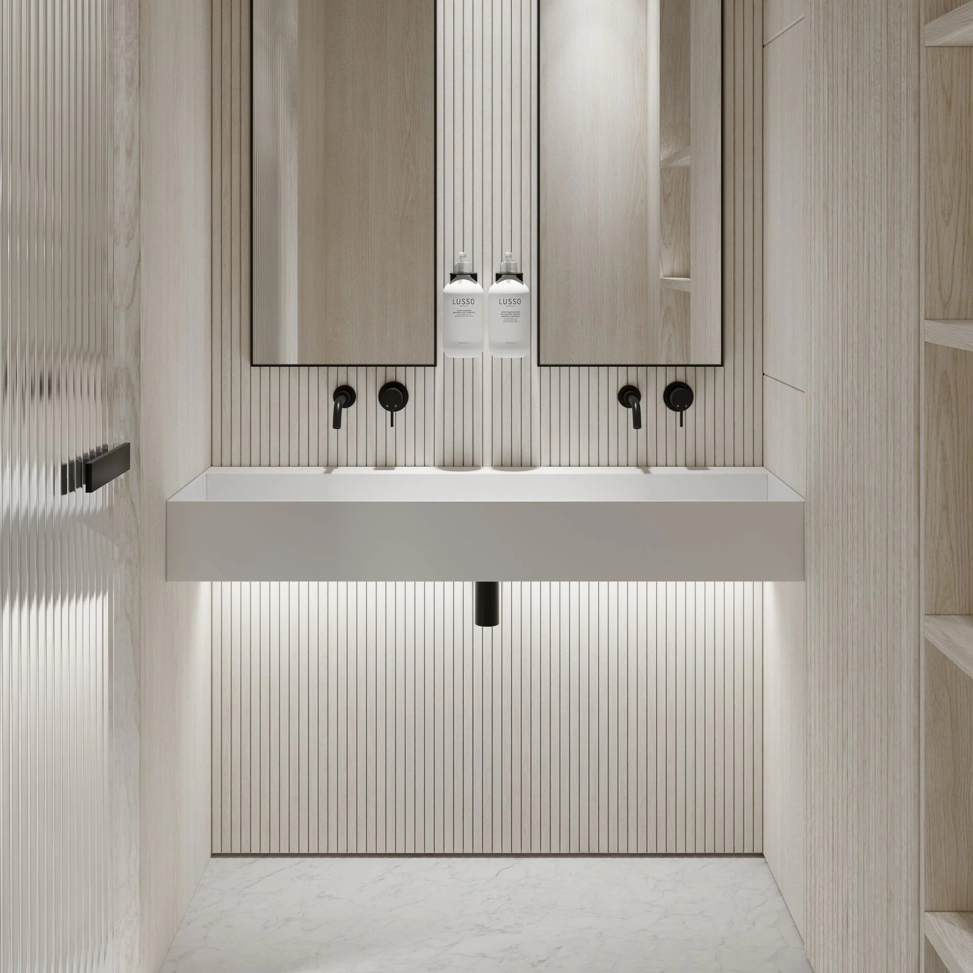 Lavabo doble suspendido Lusso Stone Thinn 1200 mm piedra blanco mate