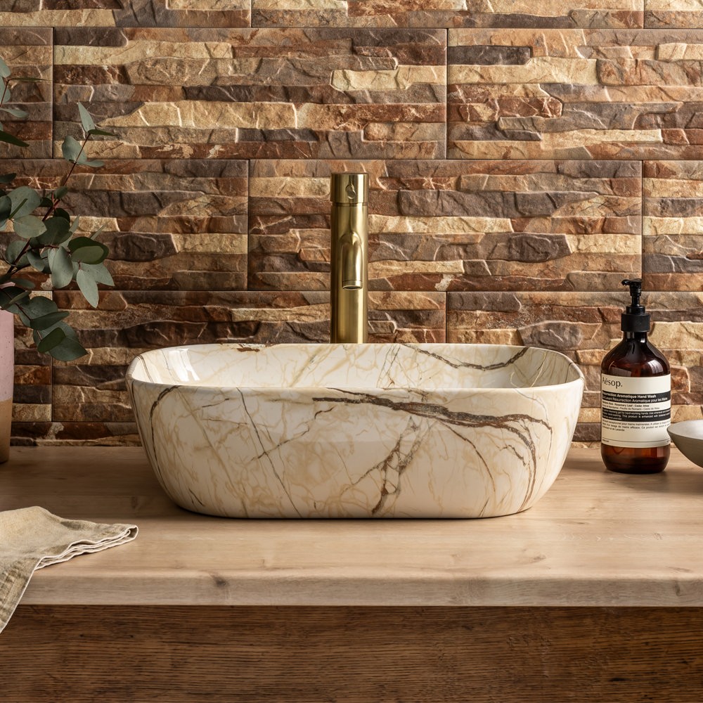 Lavabo sobre encimera Arezzo 455 × 325 mm curvo cerámico efecto mármol brillo