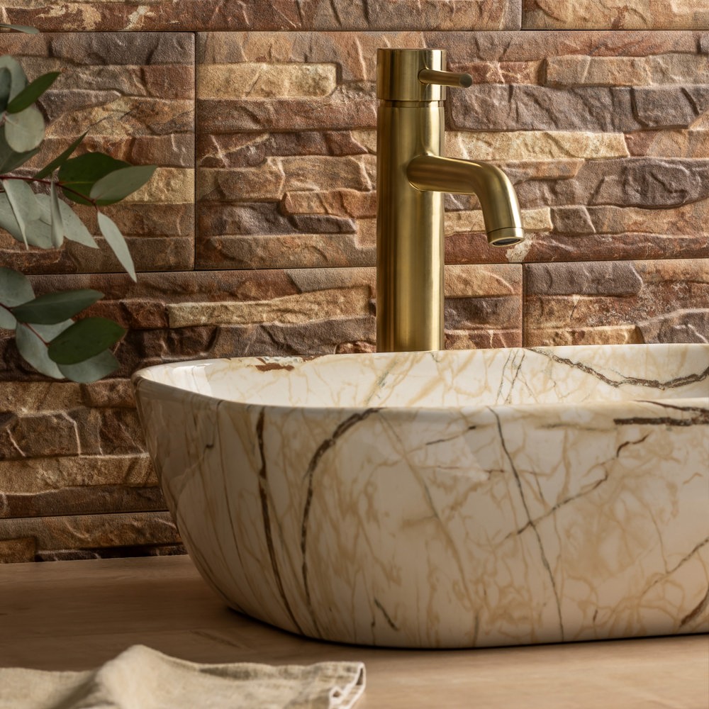 Lavabo sobre encimera Arezzo 455 × 325 mm curvo cerámico efecto mármol brillo