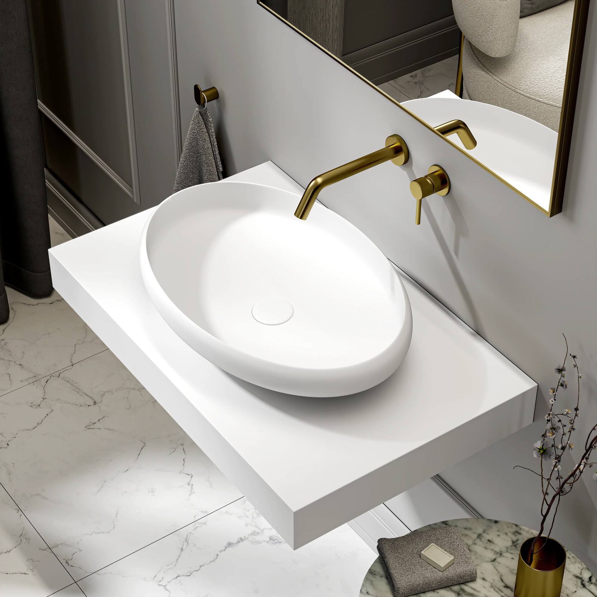 Lavabo sobre encimera Haddon Mercer 600 mm piedra ovalado blanco mate
