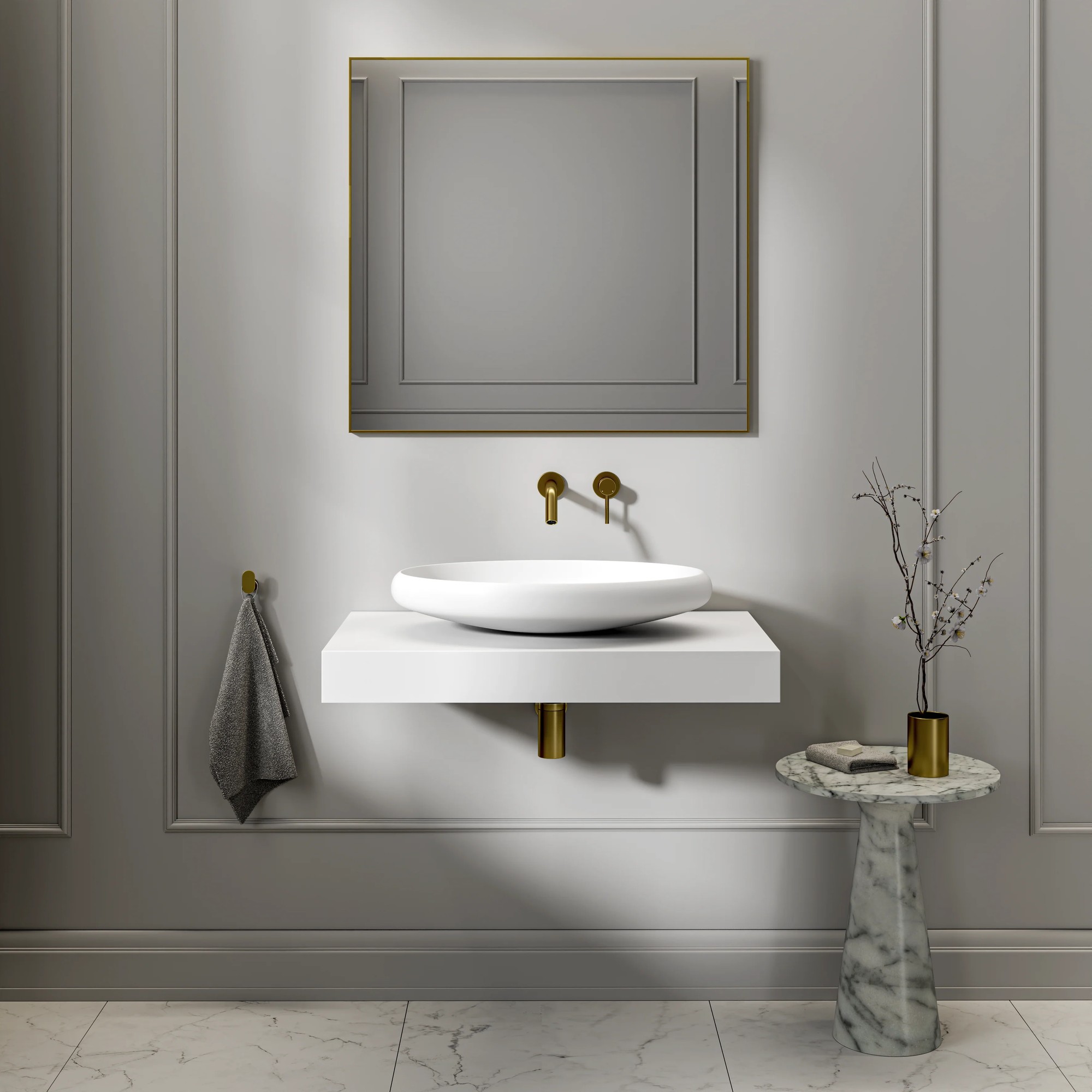 Lavabo sobre encimera Haddon Mercer 600 mm piedra ovalado blanco mate