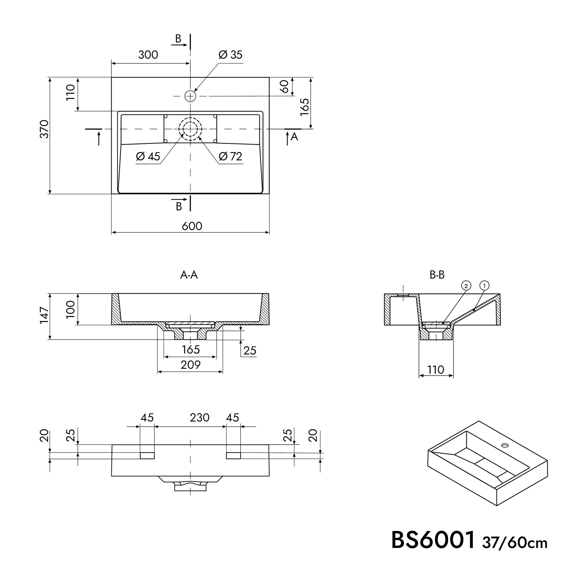 Lavabo suspendido Bernstein BS6001 600 mm mármol fundido blanco brillo 1 orificio
