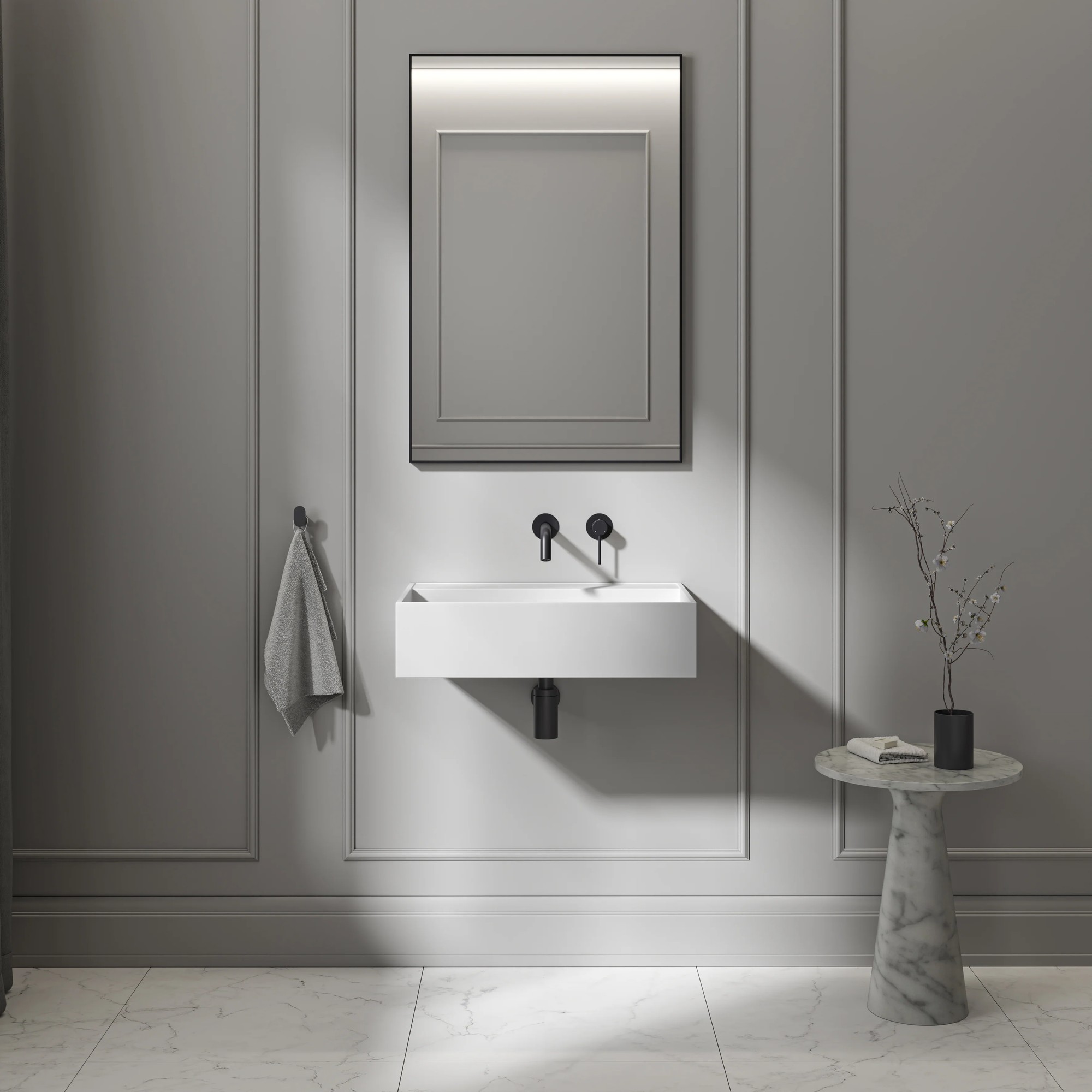 Lavabo suspendido Haddon Porter 600 mm piedra rectangular blanco mate