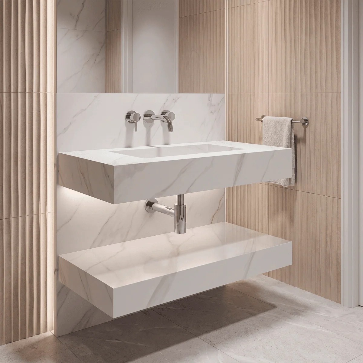 Lavabo suspendido Otium Boreal 800 mm piedra sinterizada con estante efecto mármol blanco