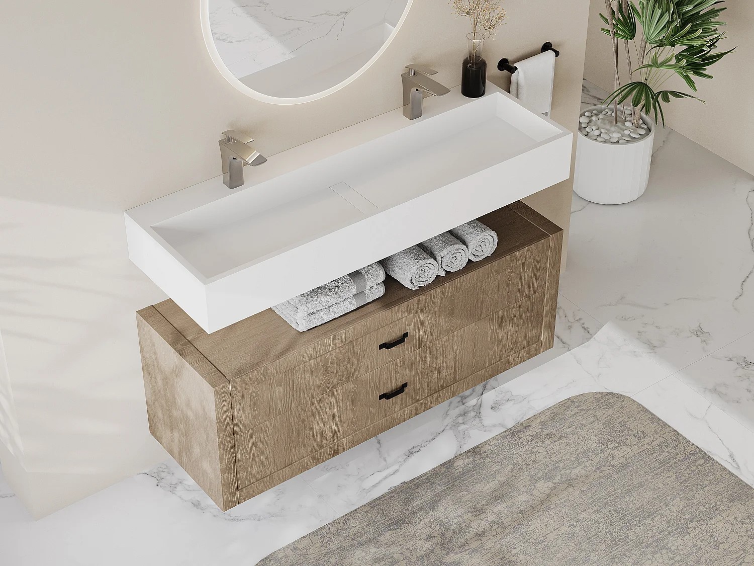 Lavabo suspendido Shower & Design YAMDROK 1200 mm solid surface blanco mate 2 orificios