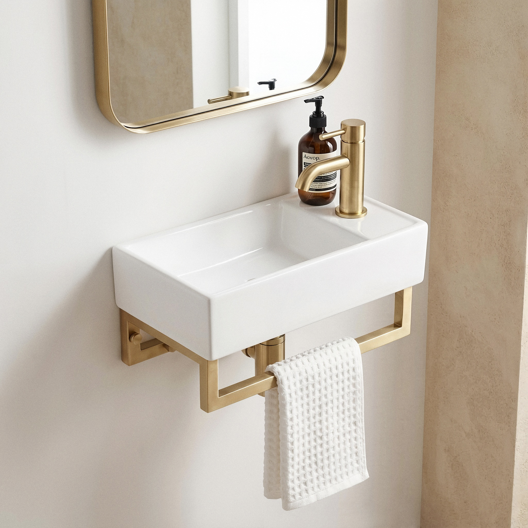 Lavamanos suspendido Arezzo 400 × 220 mm blanco con toallero de latón orificio derecha